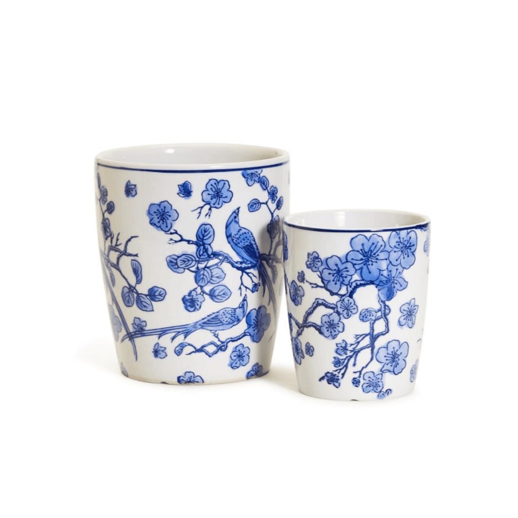 Set of Two Blue Blossom Bird Cachepots / Vases - Indoor Planters - The Well Appointed House