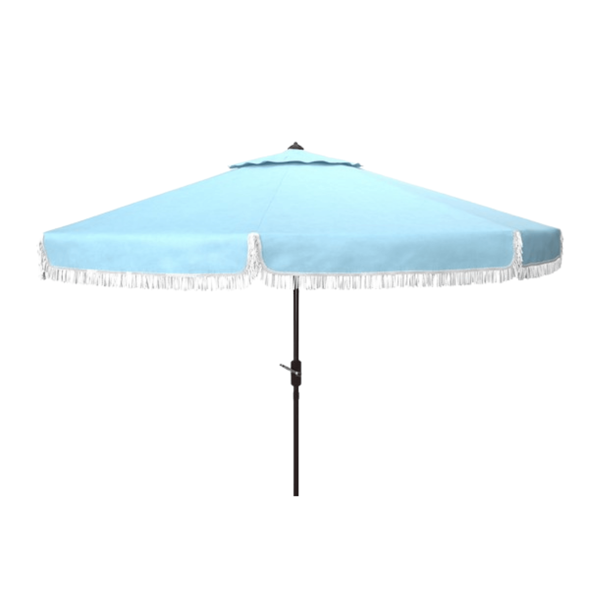 light blue patio umbrella with lights Safavieh Milan Fringe 9Ft Crank Outdoor Push Button Tilt Umbrella