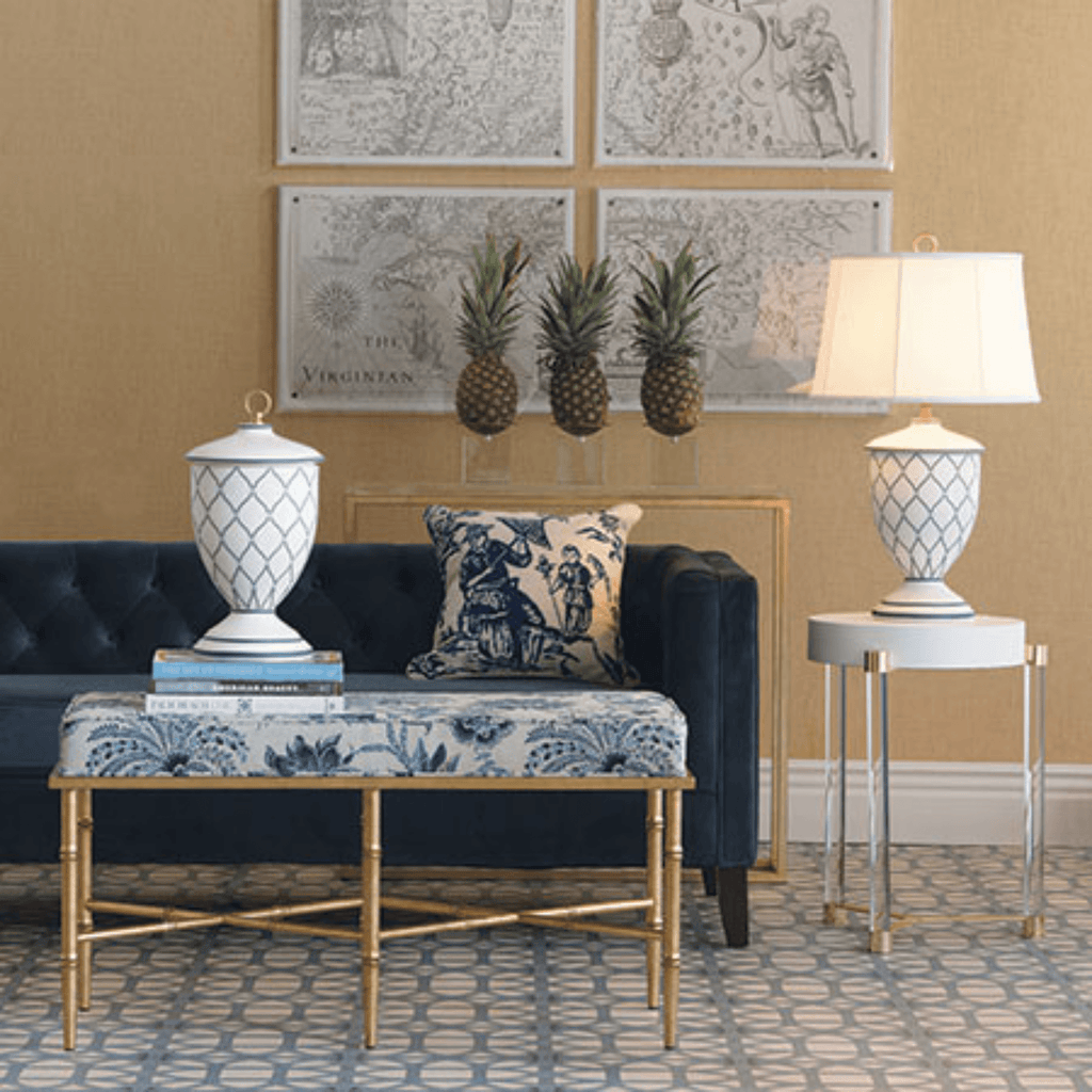 Slate Blue Lattice Porcelain Urn Lamp With Empire Shade - Table Lamps - The Well Appointed House