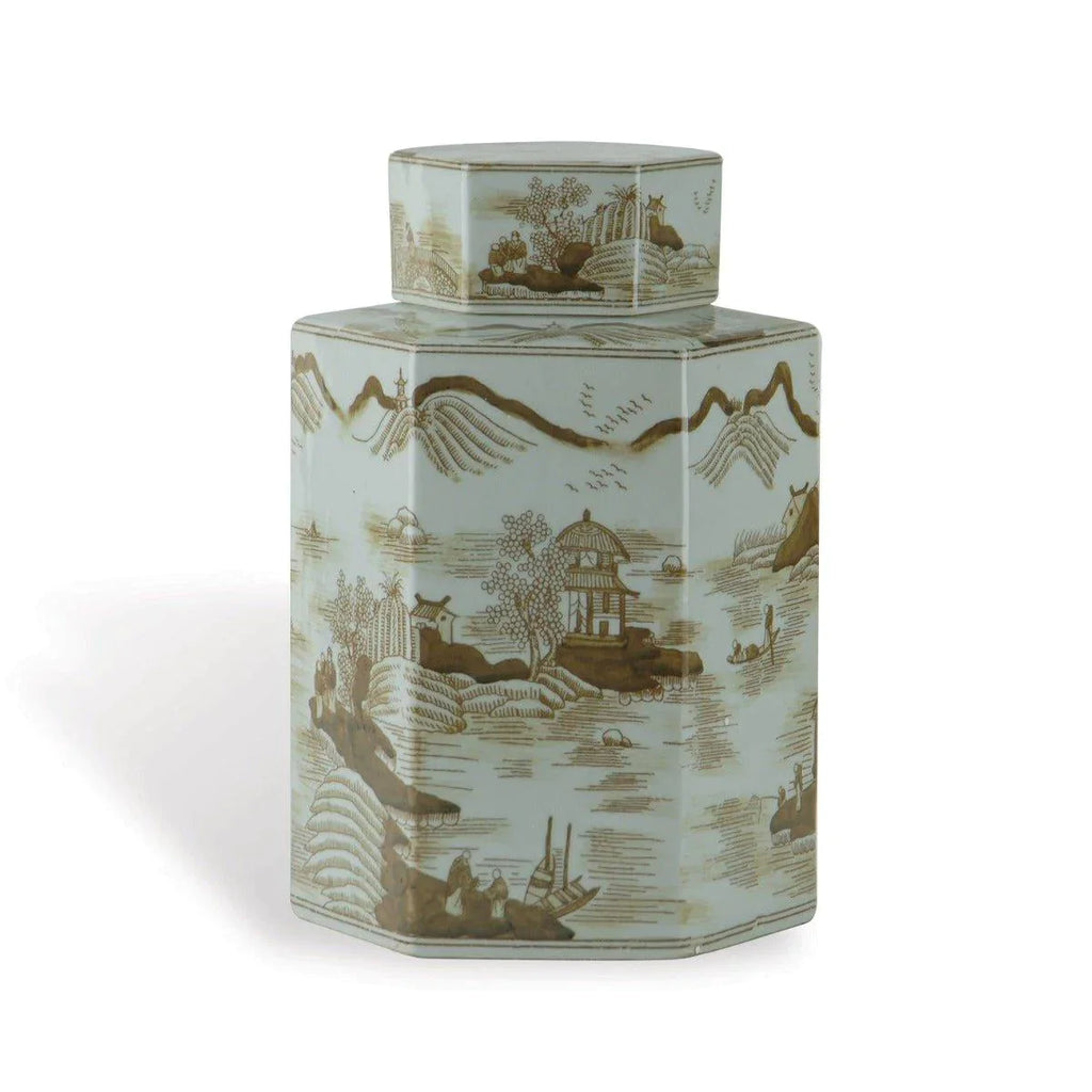 Small Brown on White Porcelain Tea Jar with Asian Pastoral Scene - Vases & Jars - The Well Appointed House