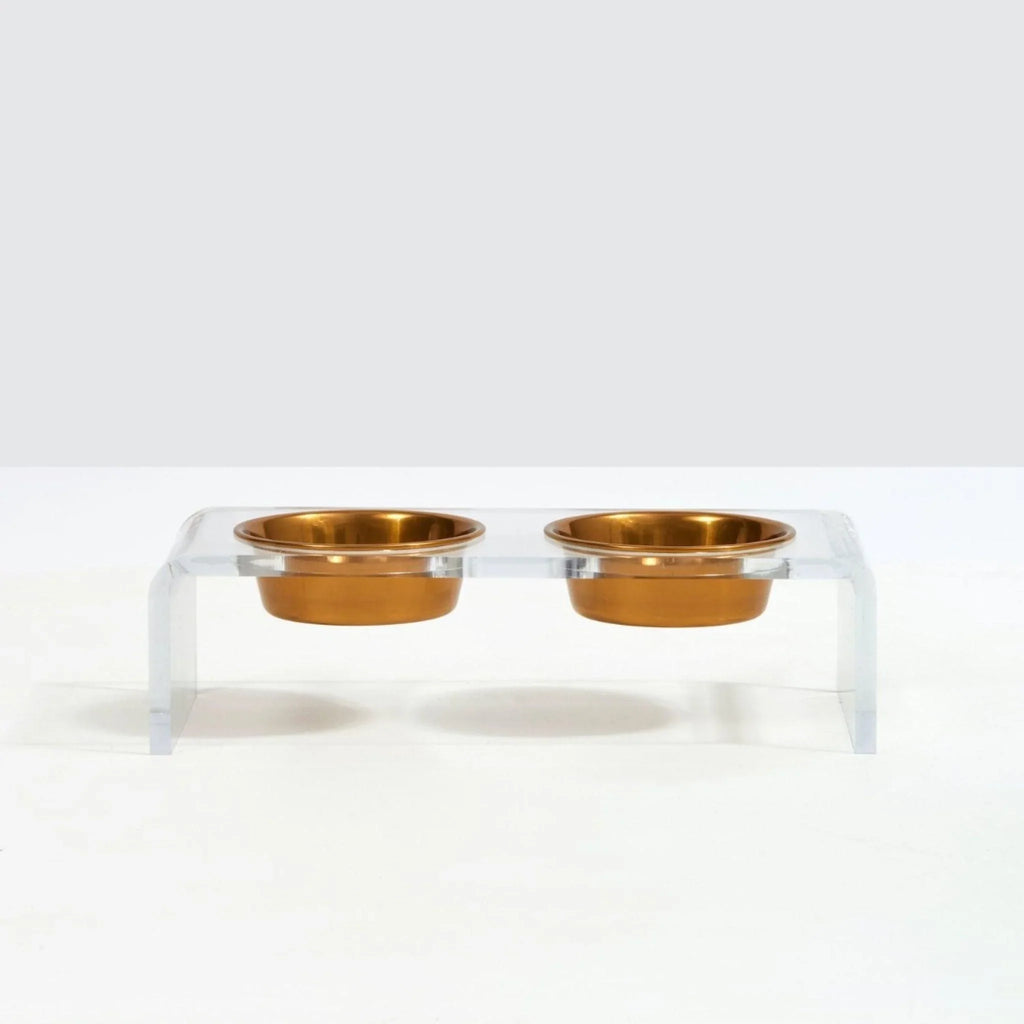 Small Clear Double Cat Bowl Feeder with Gold Bowls - Pet Accessories - The Well Appointed House