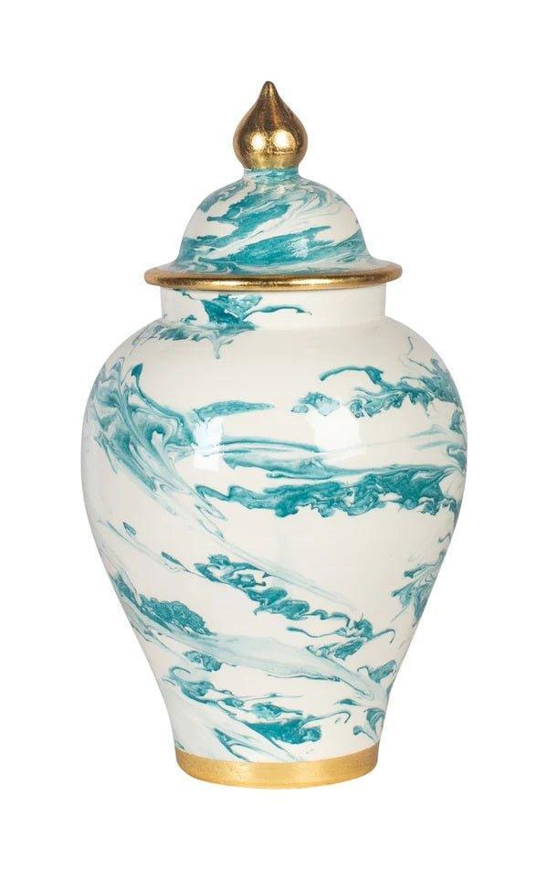 Small Green and White Marble Motif Temple Jar - Vases & Jars - The Well Appointed House