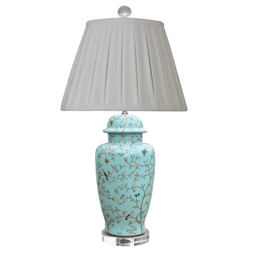 Soft Blue Porcelain Flowers & Butterflies Temple Jar Lamp With Crystal Base - Table Lamps - The Well Appointed House
