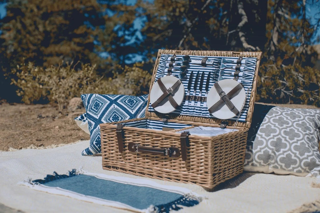 Southampton Blue and White Striped Deluxe Picnic Basket for 4 With Cooler Compartment - Picnic Baskets & Accessories - The Well Appointed House