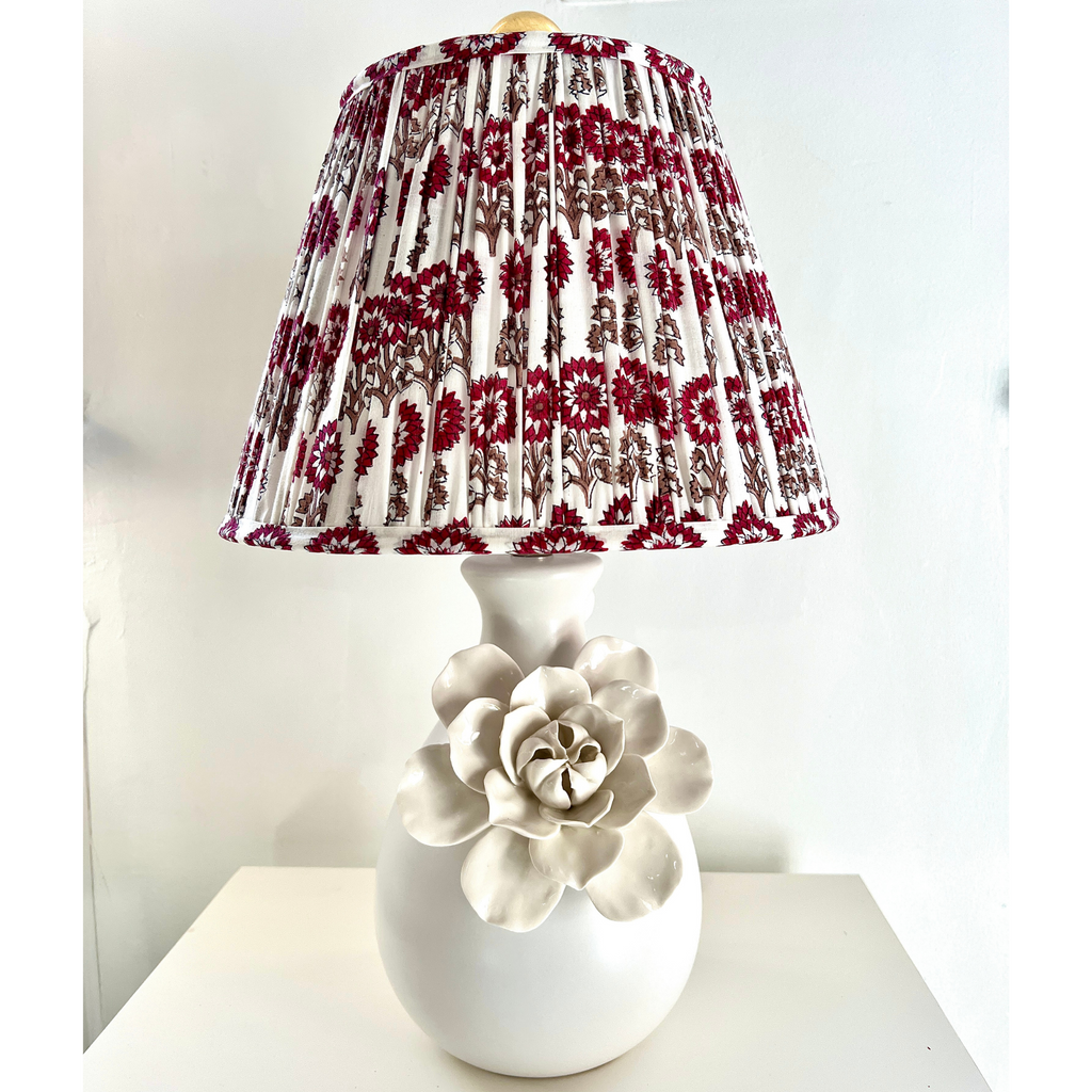 White Pleated Empire Lamp Shade with Gray and Red flowers - The Well Appointed House