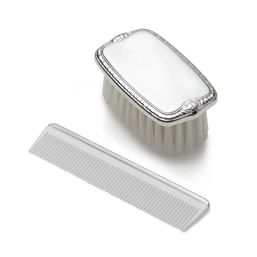Sterling Silver Baby Boys Comb and Brush Set with Plain Military Design - - The Well Appointed House