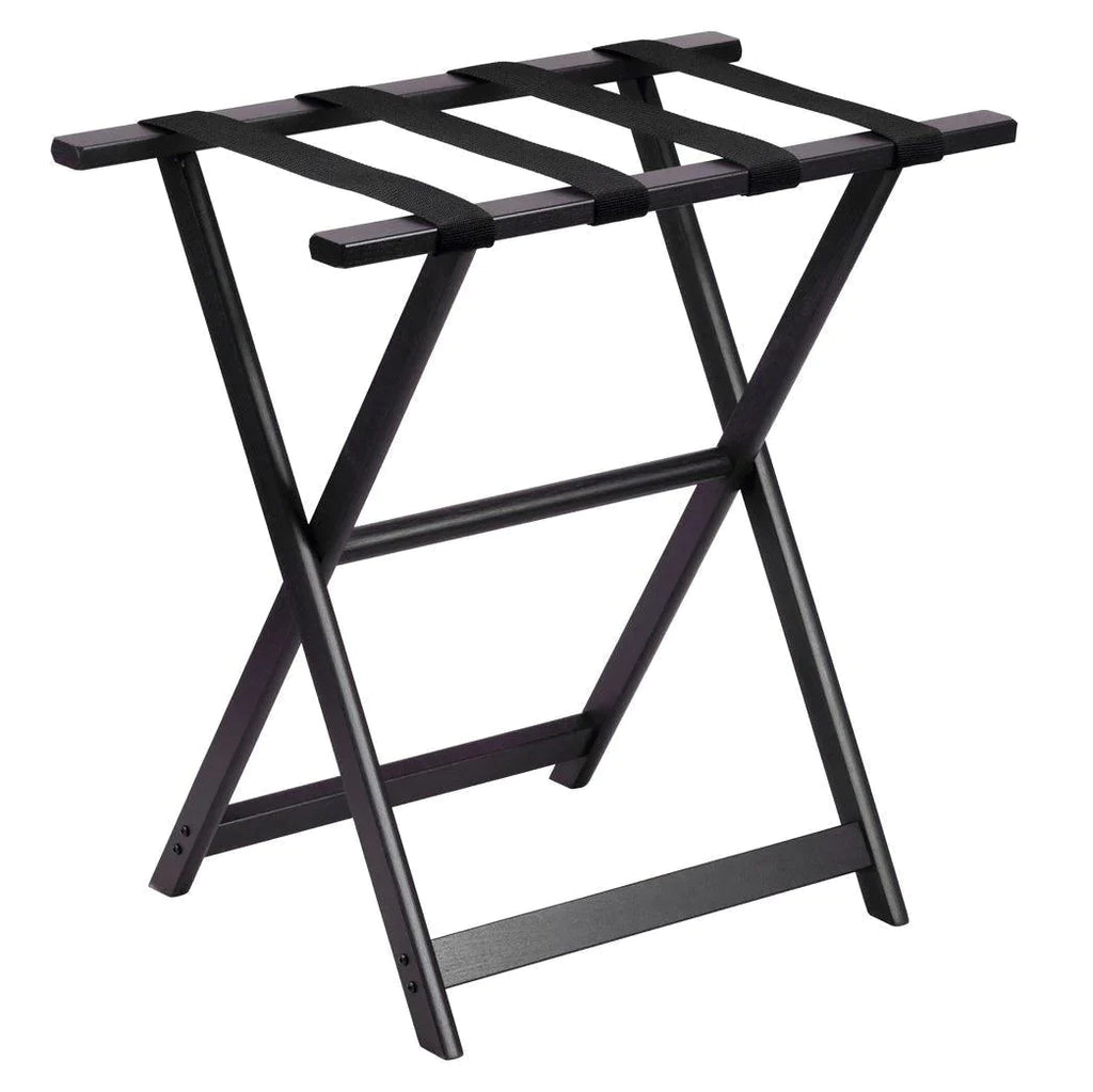 Tall Black Wood Luggage Rack With 4 Black Nylon Straps - End of Bed - The Well Appointed House