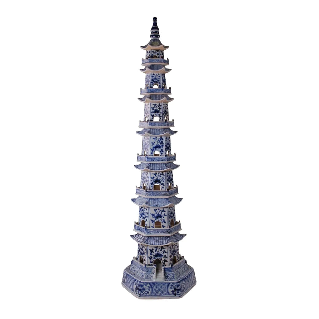 Tall Blue and White Porcelain 7 Layers Pagoda Statue - Decorative Objects - The Well Appointed House