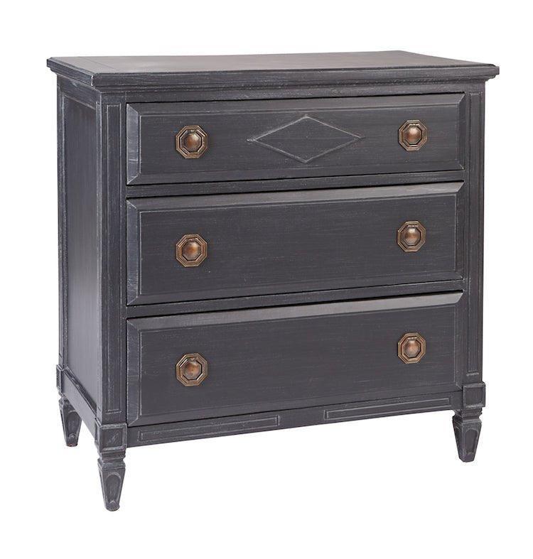 Three Drawer Side Table with Tarnished Brass Hardware - Nightstands & Chests - The Well Appointed House