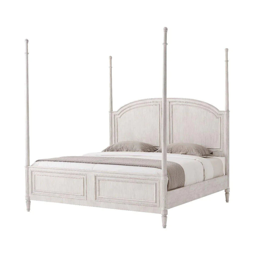 Vale Four Poster King Bed Frame with Arched Paneled Headboard and Baton Posts, in White Distressed Finish - Beds & Headboards - The Well Appointed House