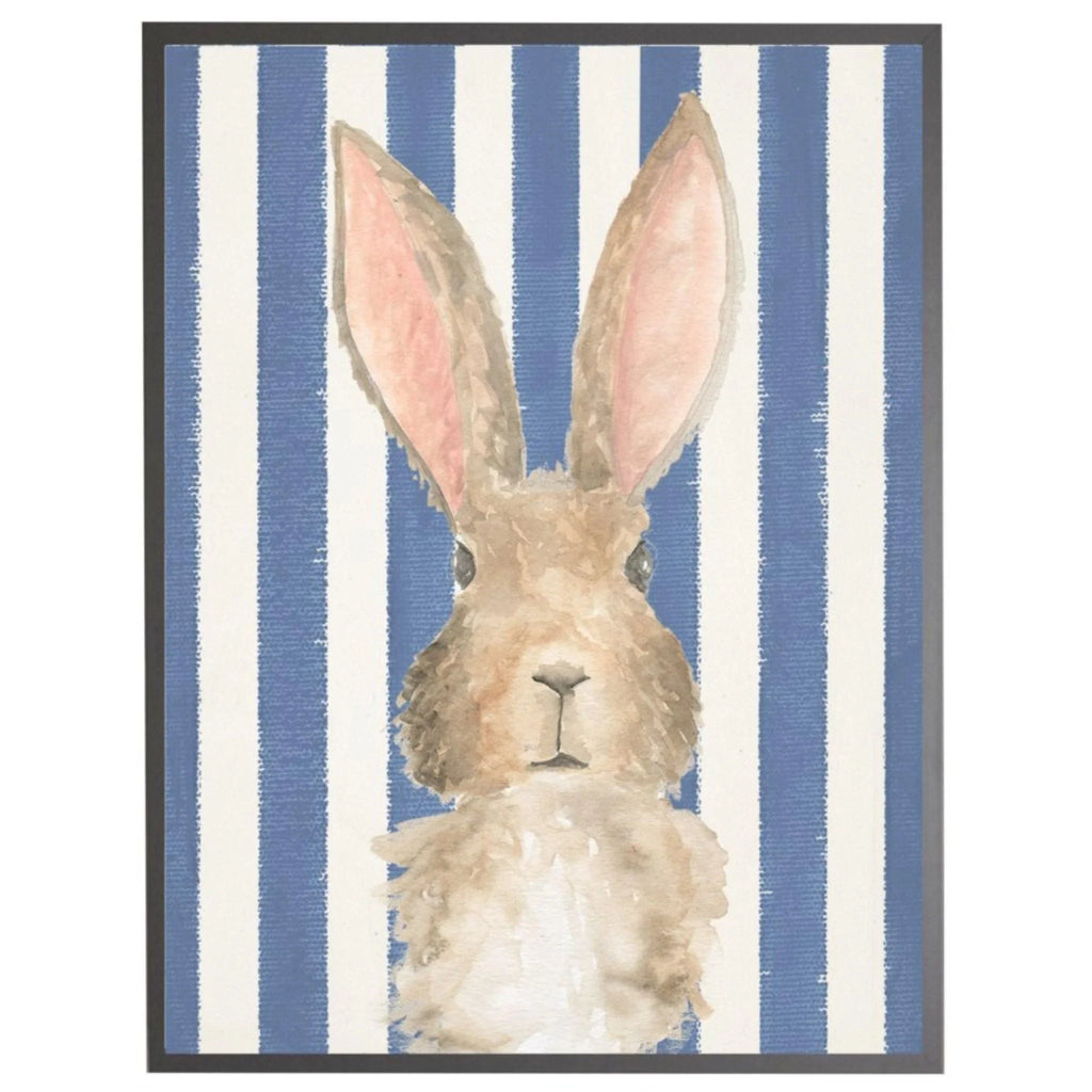 Watercolor Baby Bunny on Navy Stripes Framed Wall Art - Little Loves Art - The Well Appointed House