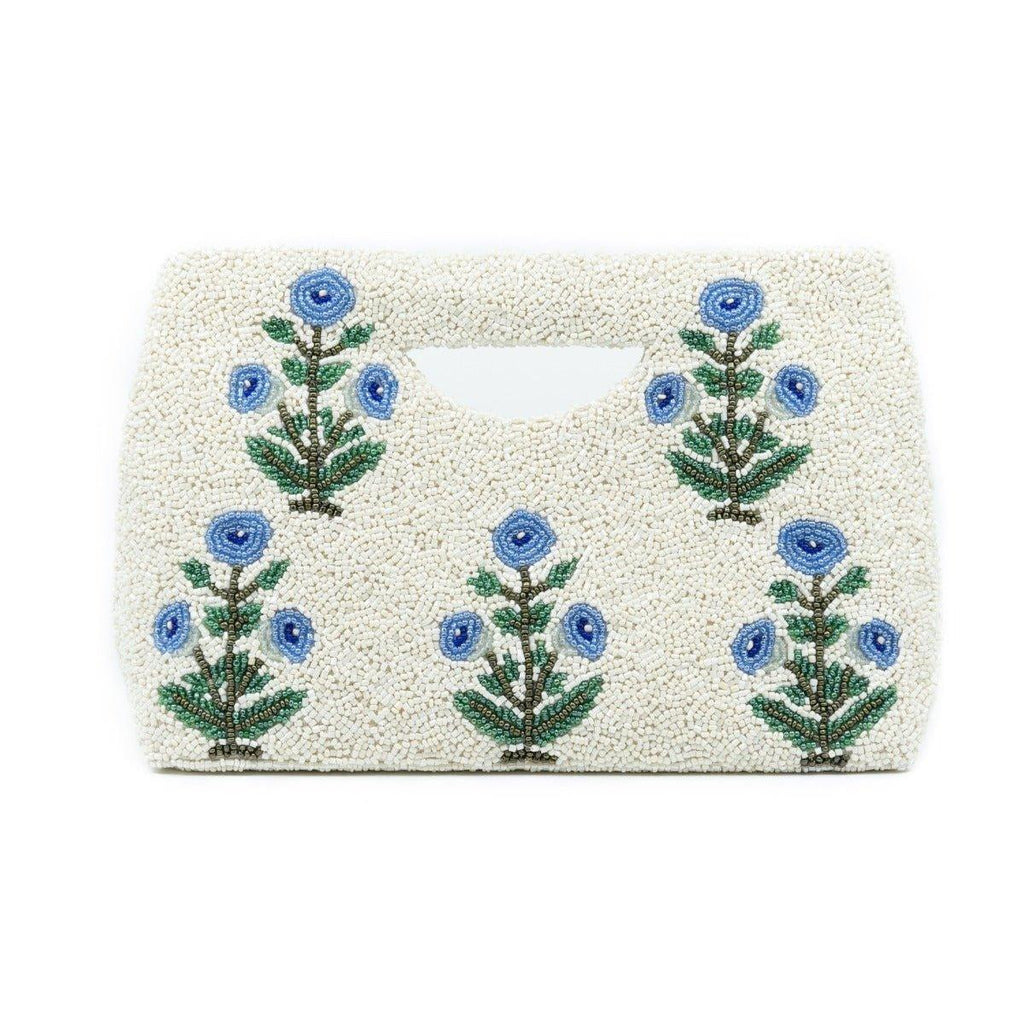 White & Blue Beaded Floral Motif Handbag With Gusset - Gifts for Her - The Well Appointed House