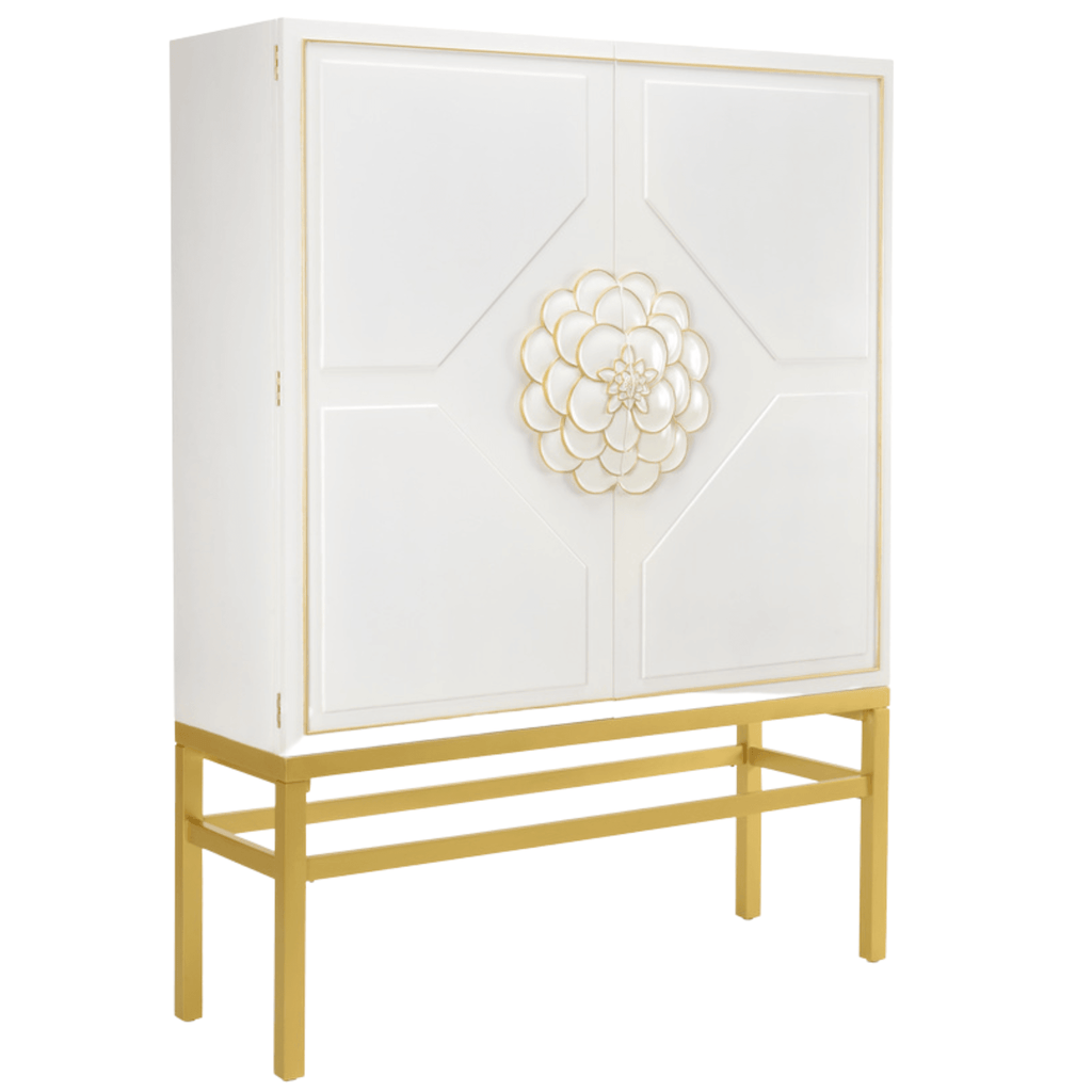 White and Metallic Gold Floral Bar Cabinet - Bar & Serving Carts - The Well Appointed House