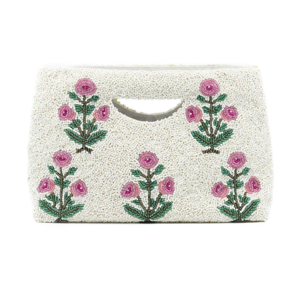 White & Pink Beaded Floral Motif Handbag With Gusset - Gifts for Her - The Well Appointed House