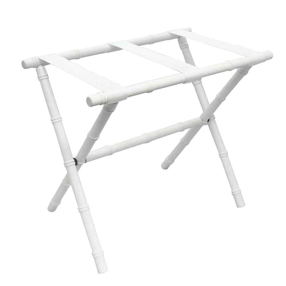 White Bamboo Inspired Wood Luggage Rack with 3 White Nylon Straps - End of Bed - The Well Appointed House