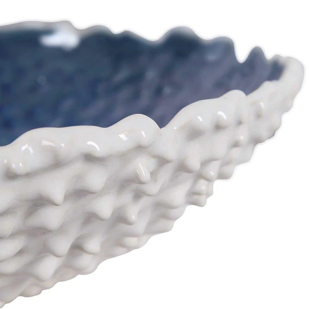 White Ceramic Textured Bowl With Glazed Blue Interior - Decorative Bowls - The Well Appointed House