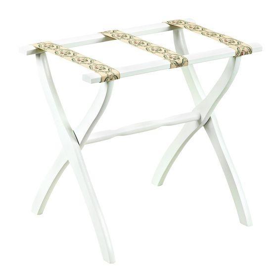 White Contour Leg Wood Luggage Rack with 3 Petit Point Straps - End of Bed - The Well Appointed House