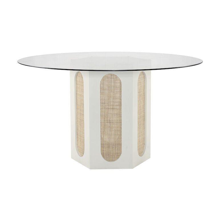 White Hexagonal Wood & Rattan Dining Table With Glass Top - Dining Tables - The Well Appointed House
