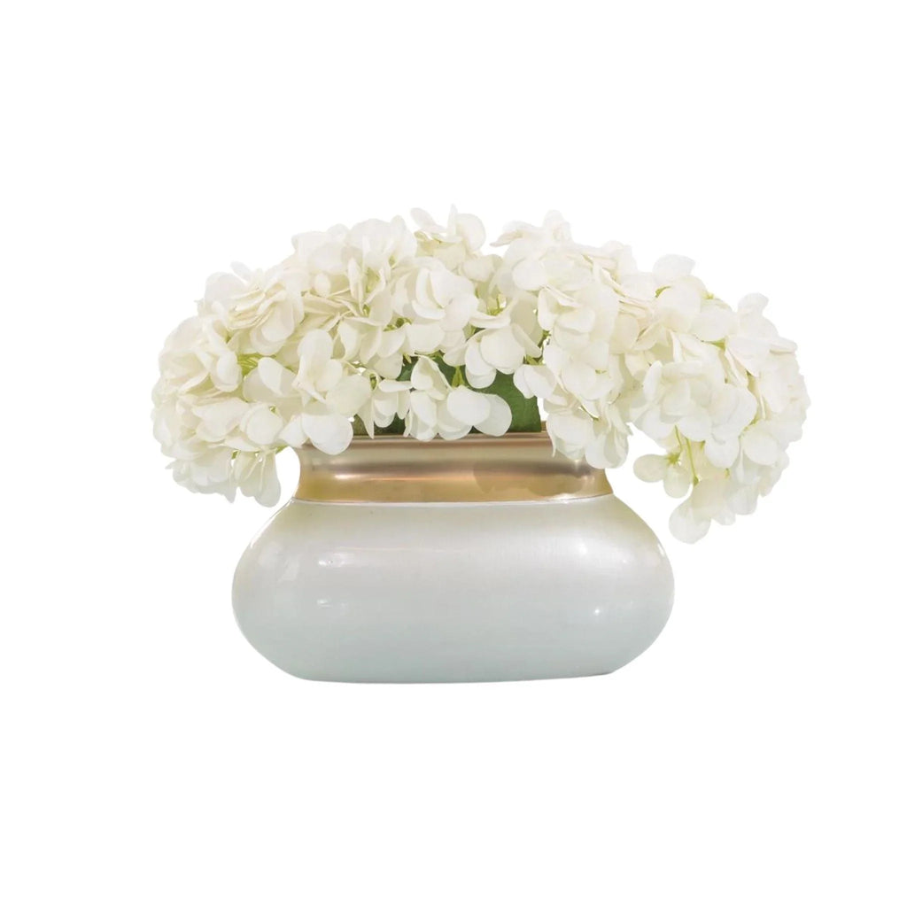 White Hydrangeas and Reindeer Moss in Pearlized White and Gold Vase - Florals & Greenery - The Well Appointed House