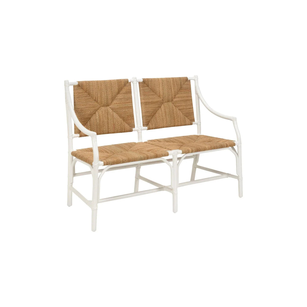 White Lacquered Rattan Bench With Natural Rush Seat - Benches - The Well Appointed House