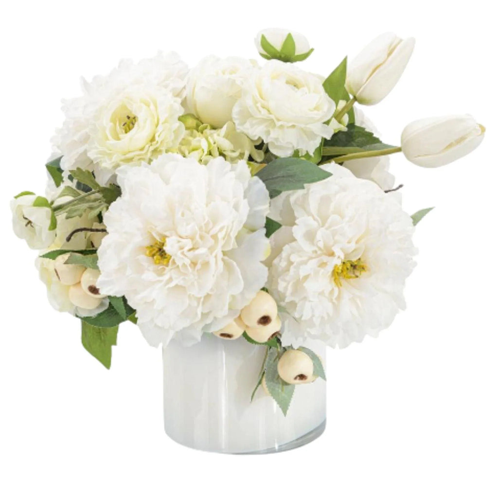 White Milk Glass Vase With Faux White Peonies, Roses & Tulips - Florals & Greenery - The Well Appointed House