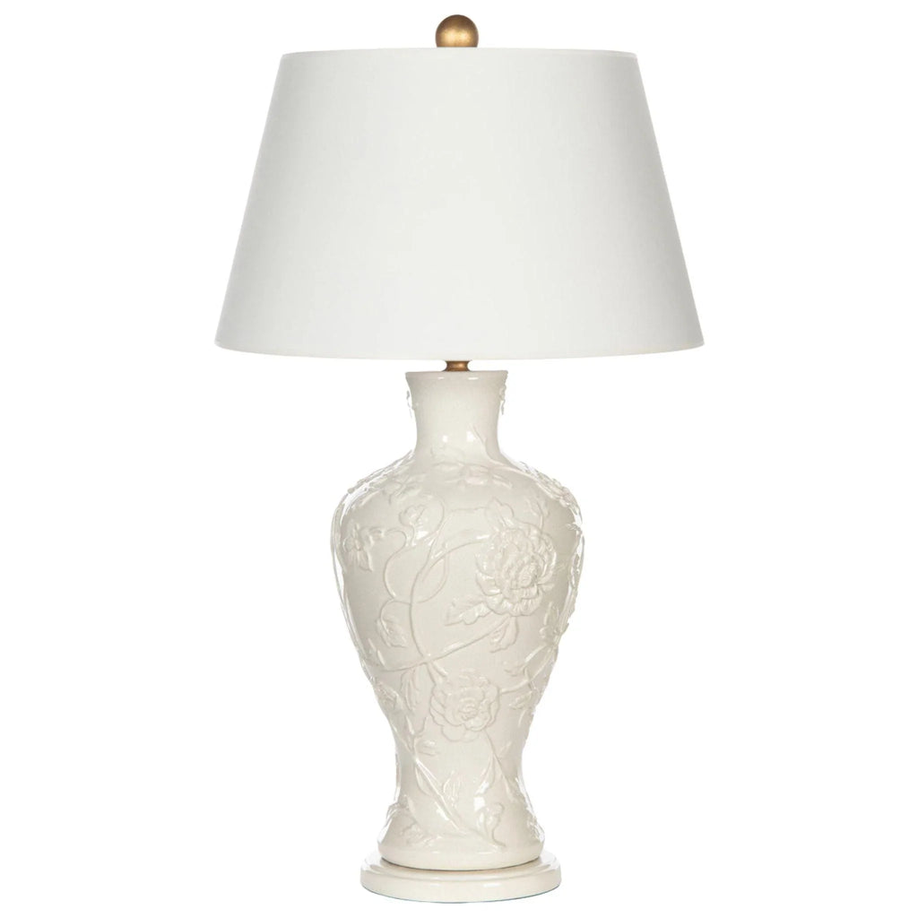 White Textured Floral Ceramic Table Lamp with White Linen Shade - Table Lamps - The Well Appointed House