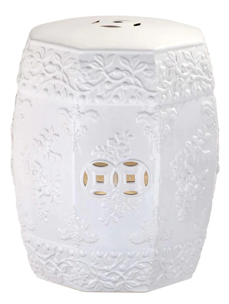 White Textured Floral Design Ceramic Garden Stool - Garden Stools & Benches - The Well Appointed House