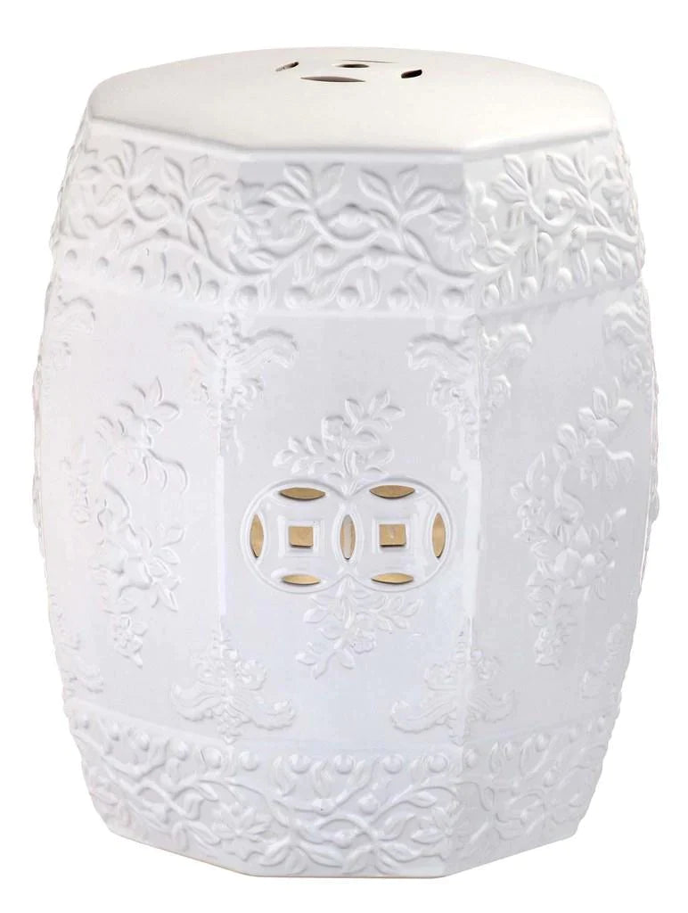 White Textured Floral Design Ceramic Garden Stool – The Well Appointed ...