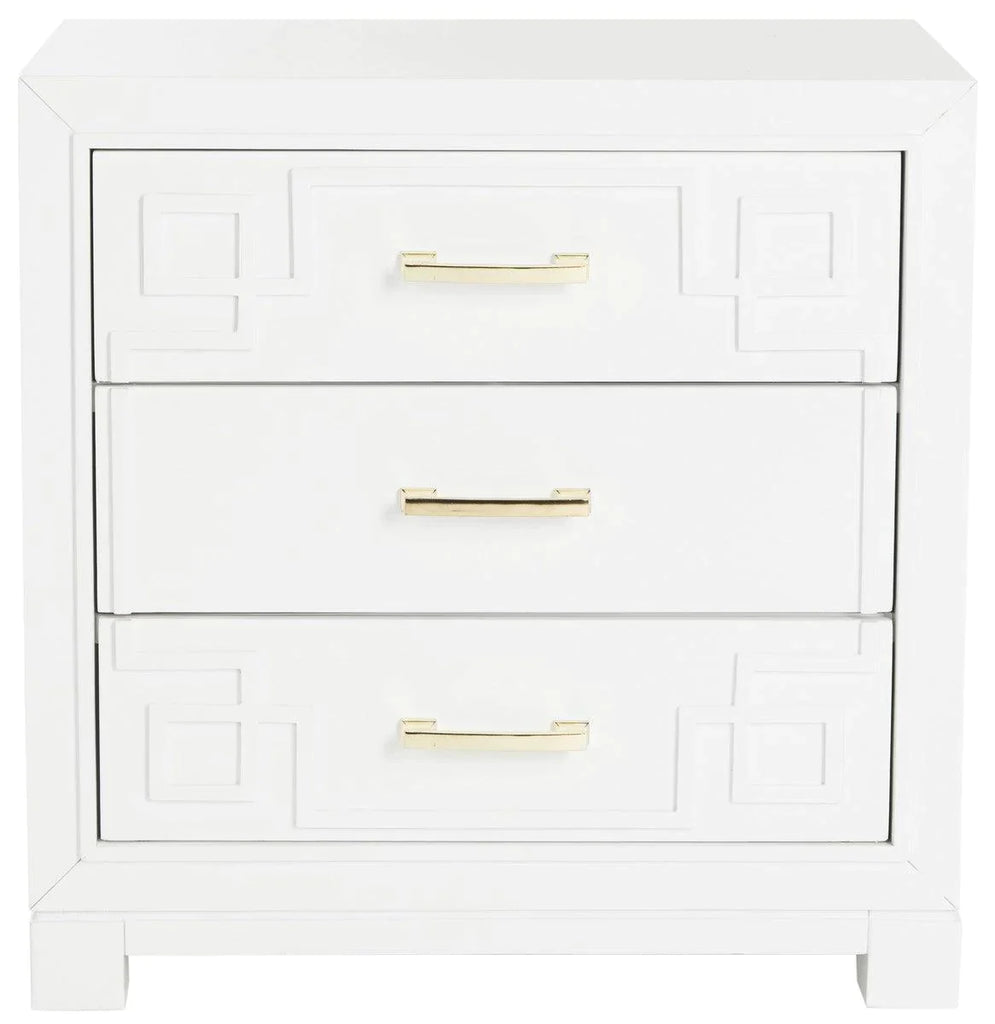 White Three Drawer Greek Key Night Stand - Nightstands & Chests - The Well Appointed House