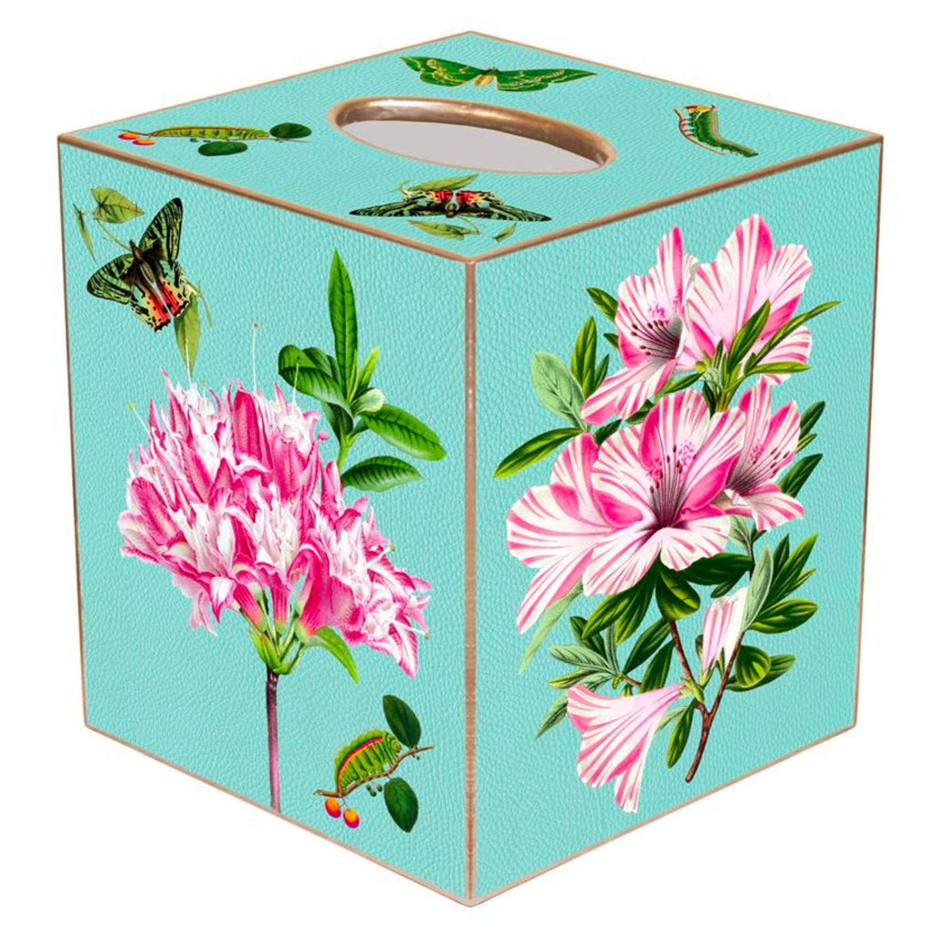 Wood Azaleas on Aqua Tissue Box Cover - Bath Accessories - The Well Appointed House