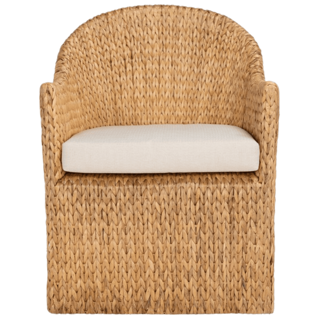 Braided Natural Water Hyacinth Dining Chair With Beige Cushion - Dining Chairs - The Well Appointed House