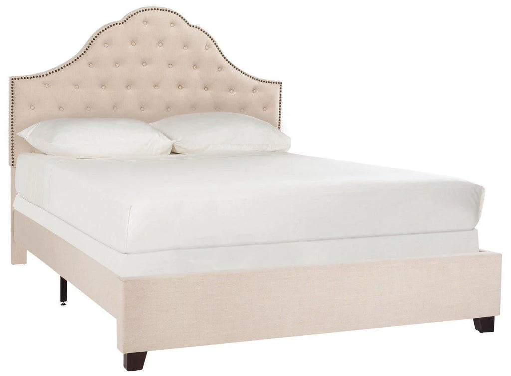Modern Beige Velvet Upholstered Queen Bed With Brass Nail Heads - Beds & Headboards - The Well Appointed House