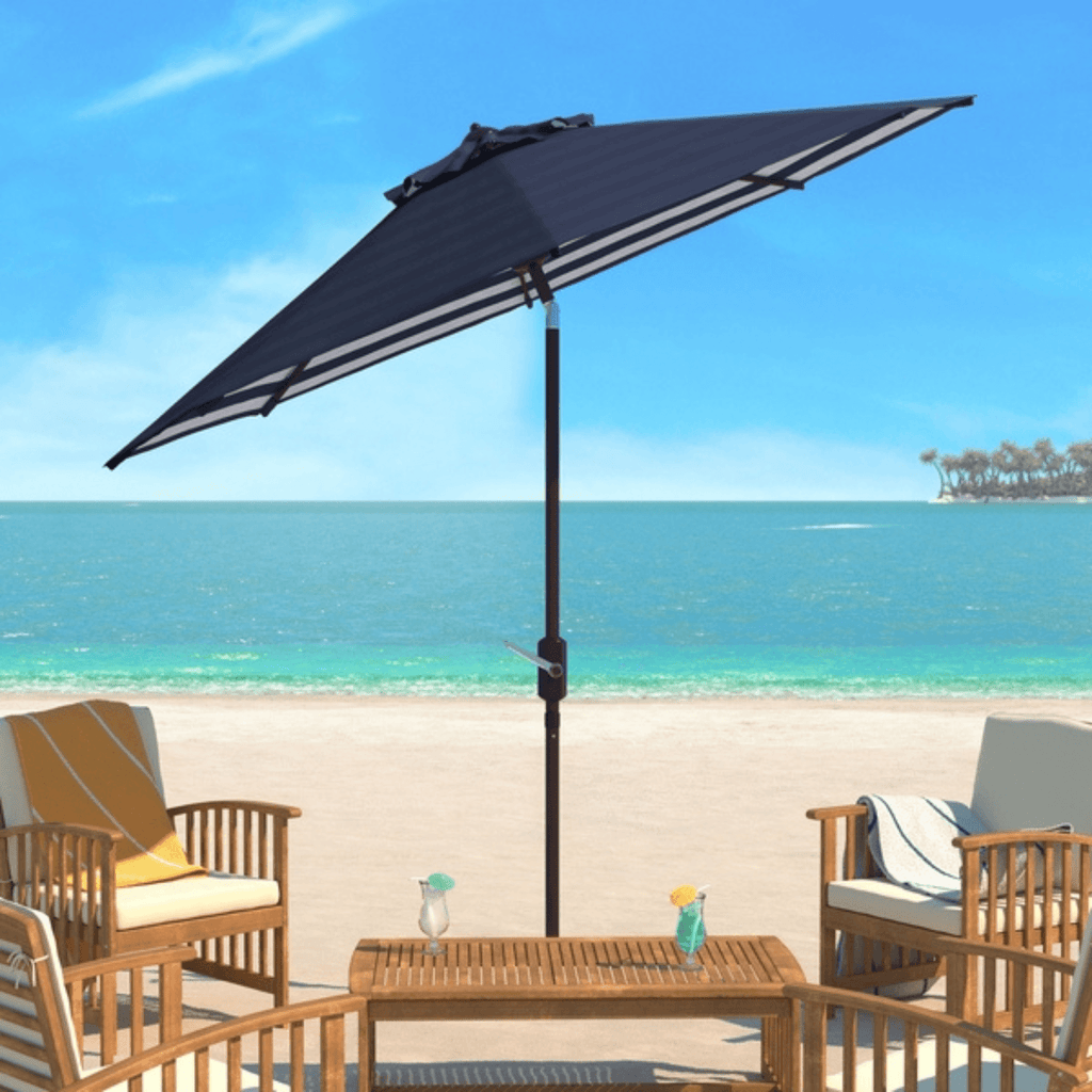 Navy and White Outdoor Crank Umbrella With Striped Interior - Outdoor Umbrellas - The Well Appointed House