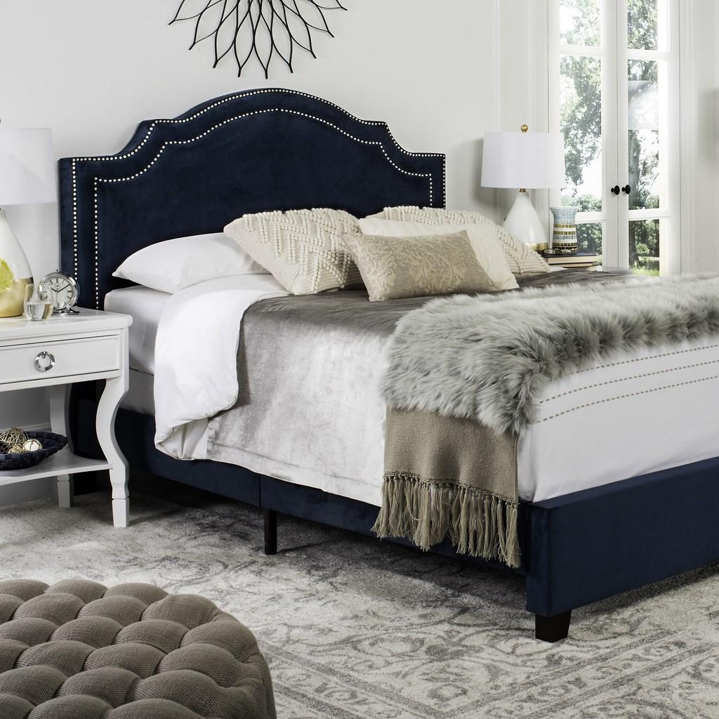 Navy Velvet Upholstered Full Size Bed With Nailhead Trim - Beds & Headboards - The Well Appointed House