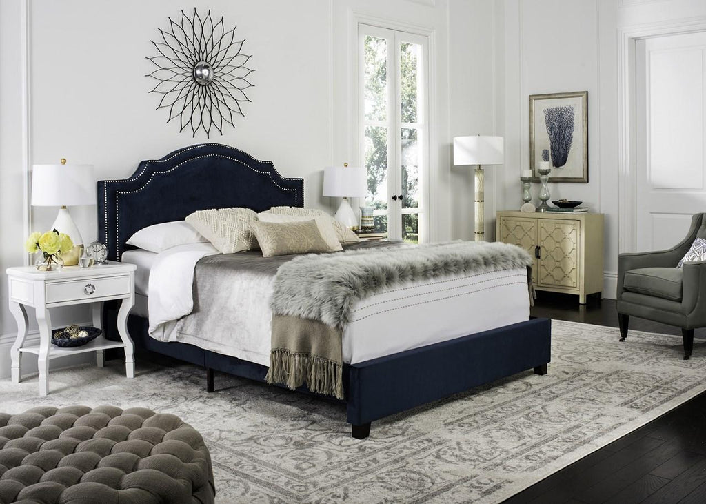 Navy Velvet Upholstered Queen Size Bed With Nailhead Trim - Beds & Headboards - The Well Appointed House