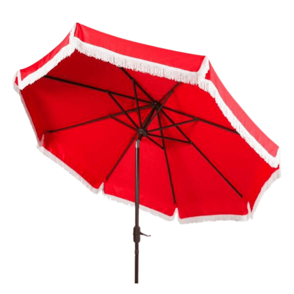 Red Outdoor Crank Umbrella With White Fringe - Outdoor Umbrellas - The Well Appointed House