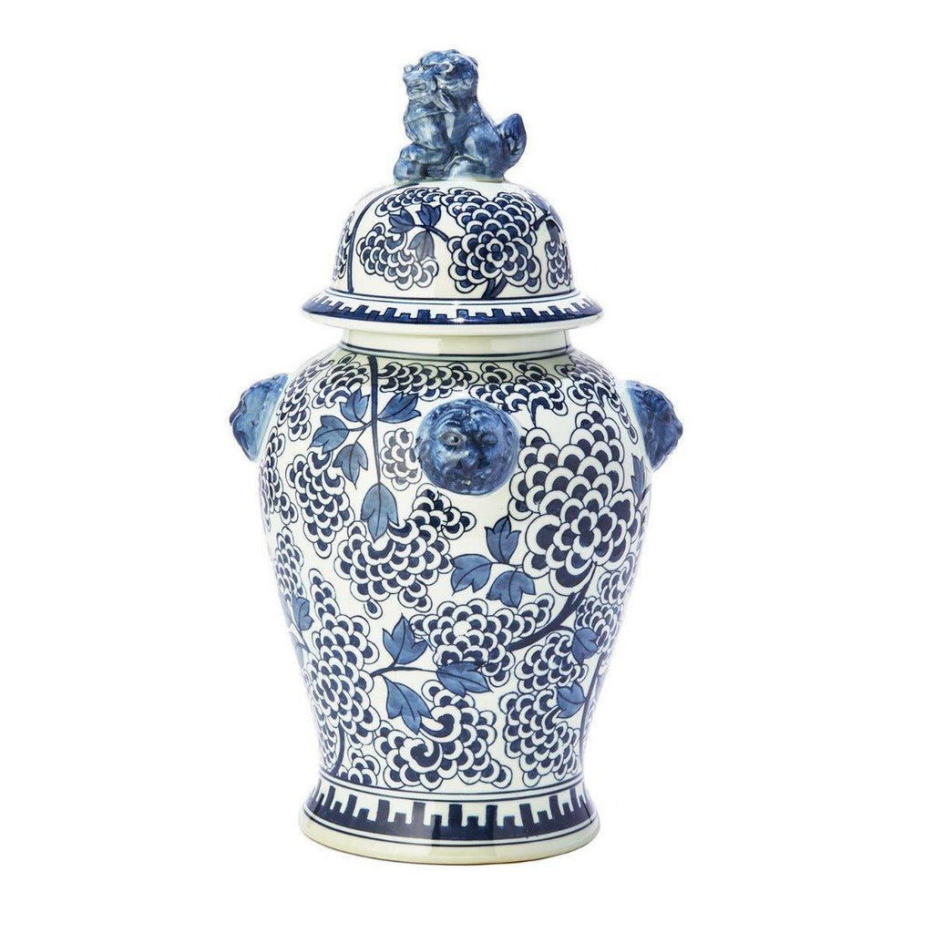 Blue and White Peony Flower Design Porcelain Covered Temple Jar - Vases & Jars - The Well Appointed House