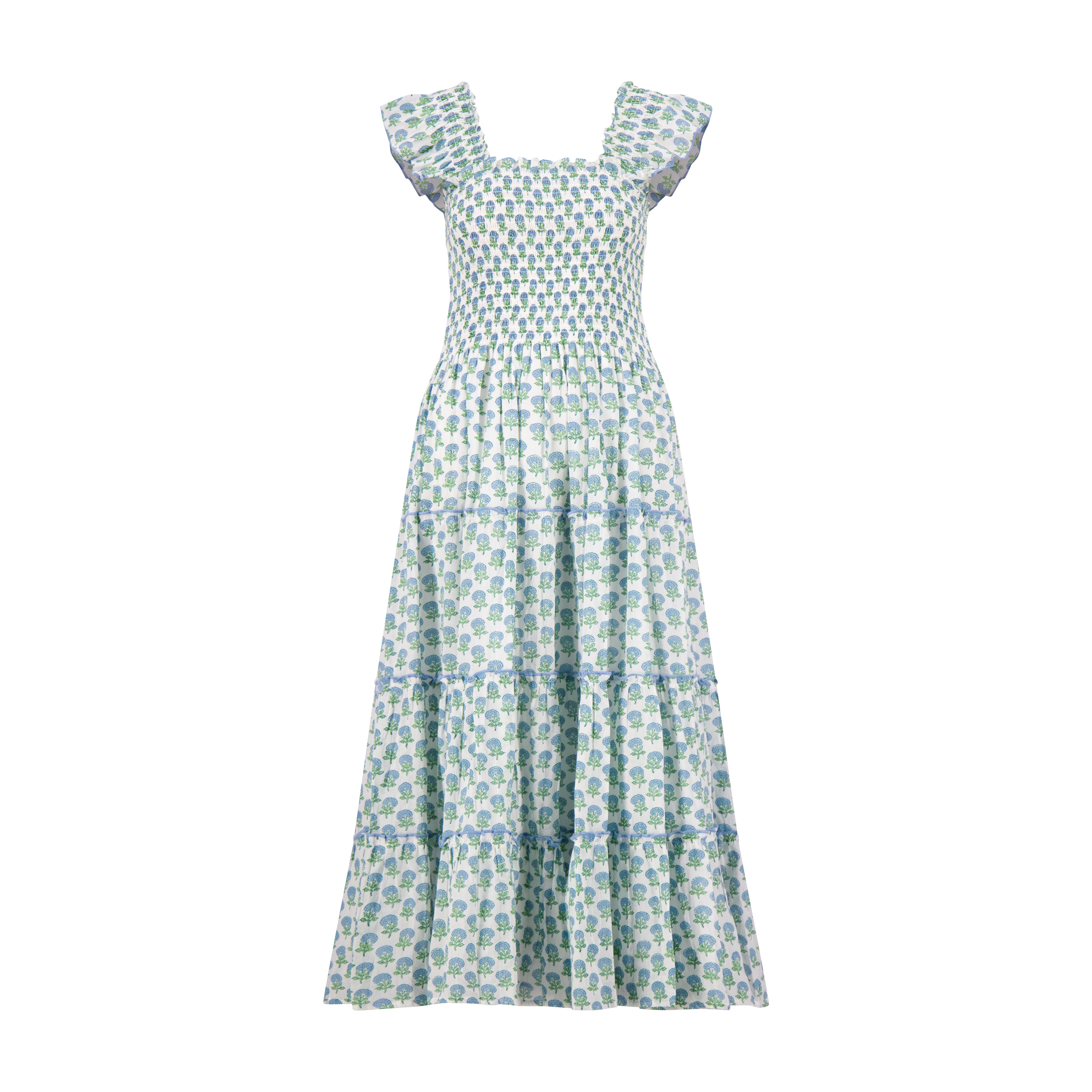 aqua flutter sleeve maxi dress Mirabella Dress Cotton Voile in Foulard Border Light Aqua| Jude Connally XL / Foulard Border Light Aqua