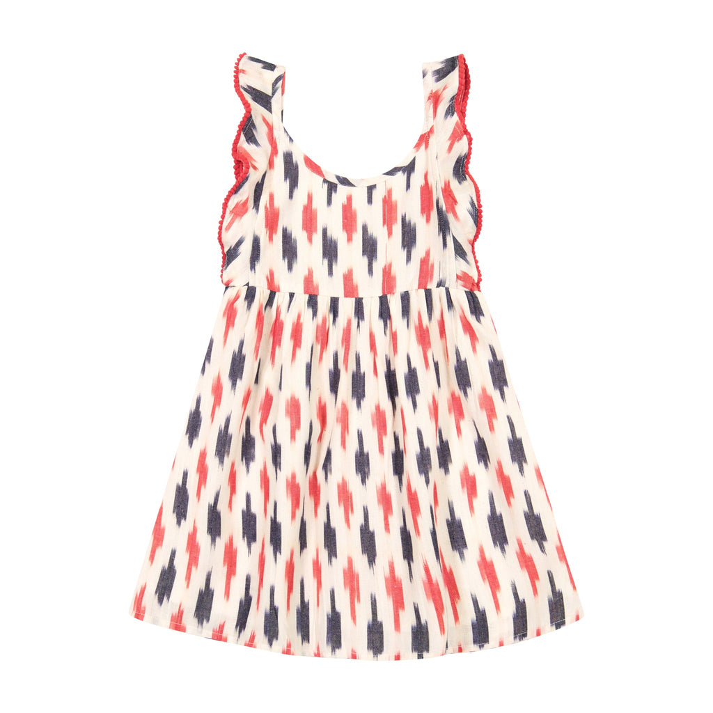 Daphne Girl's Flutter Sleeve Dress Cream Red Navy Ikat - The Well Appointed House