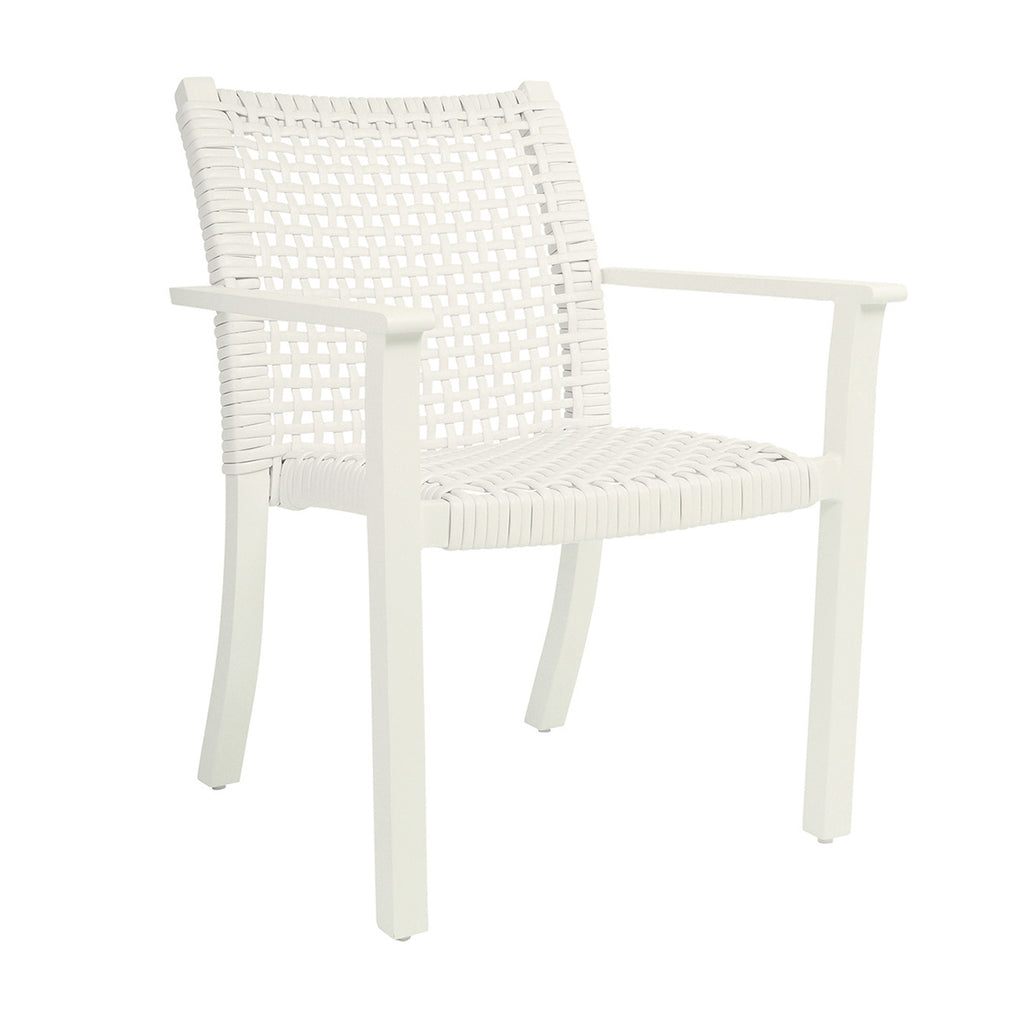 Catherine White Aluminum Dining Arm Chair in Ivory Wicker - THE WELL APPOINTED HOUSE