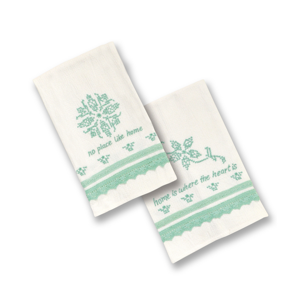 Set of Two Mint Green & White Abigail Embroidery Tea Towels - The Well Appointed House
