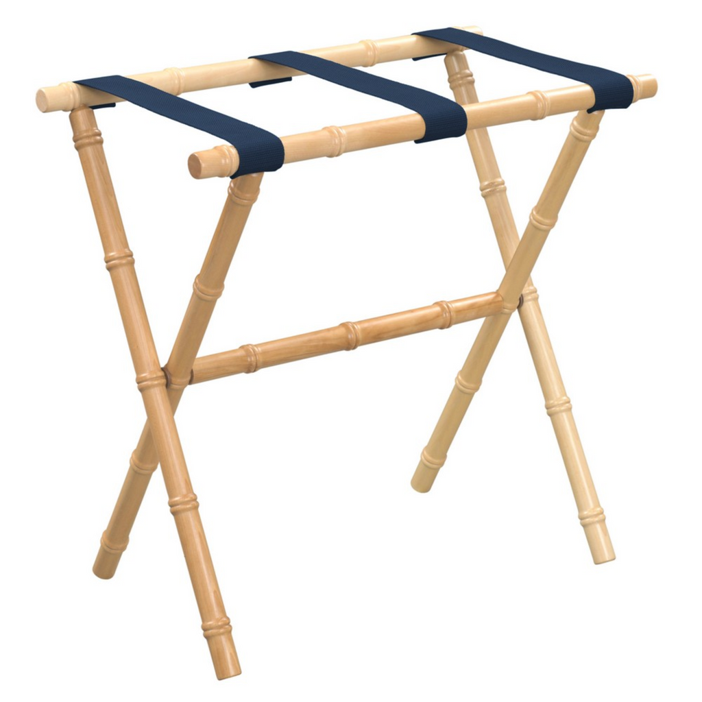 Natural Bamboo Inspired Wood Luggage Rack With 3 Navy Nylon Straps - The Well Appointed House