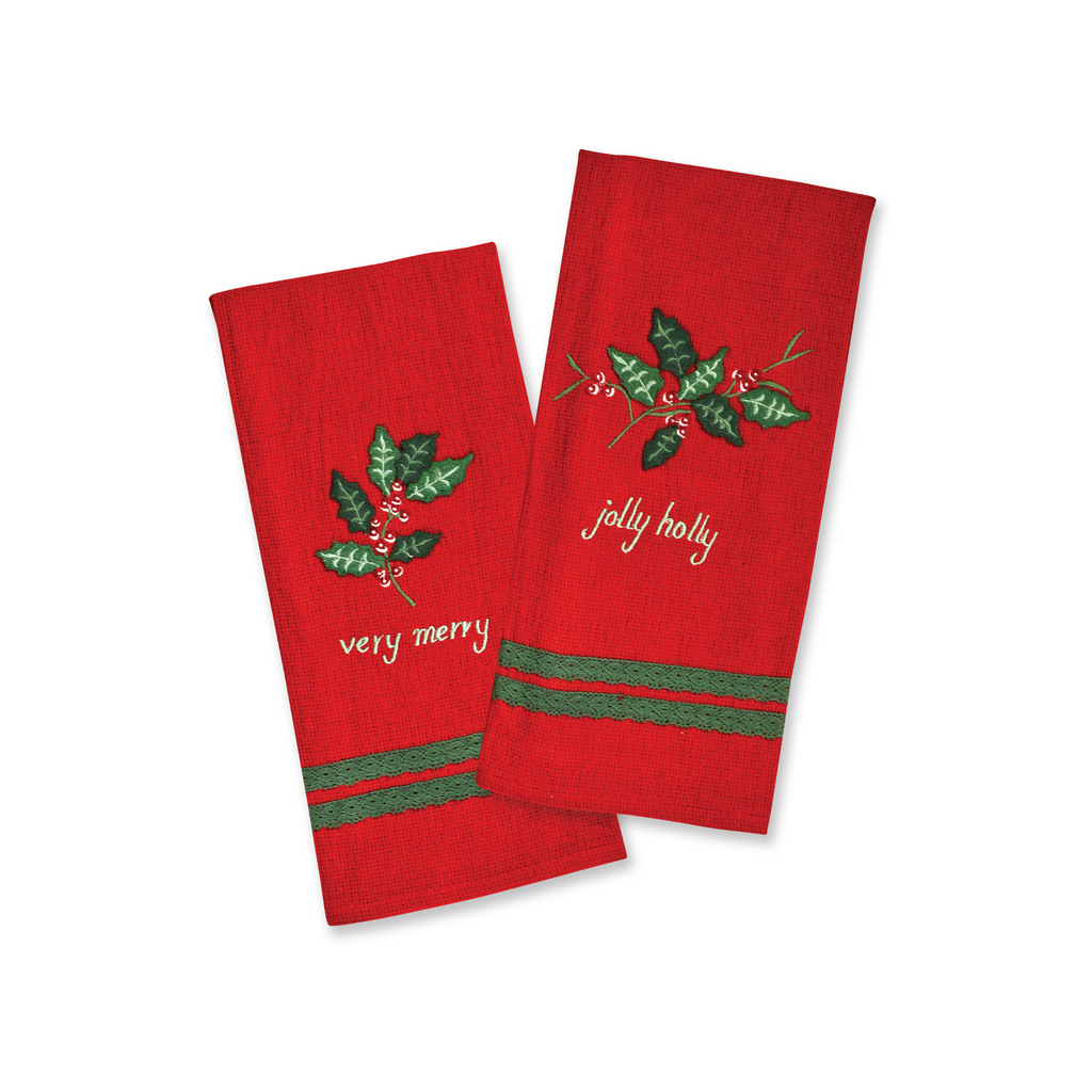 Set of Two Holly Gingham Embroidered Tea Towels - The Well Appointed House
