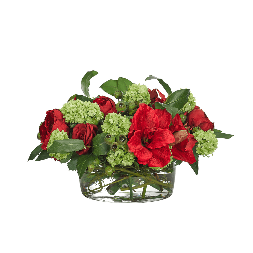 12" Red & Green Peony Hydrangea Arrangement in Glass Bowl - Florals & Greenery - The Well Appointed House