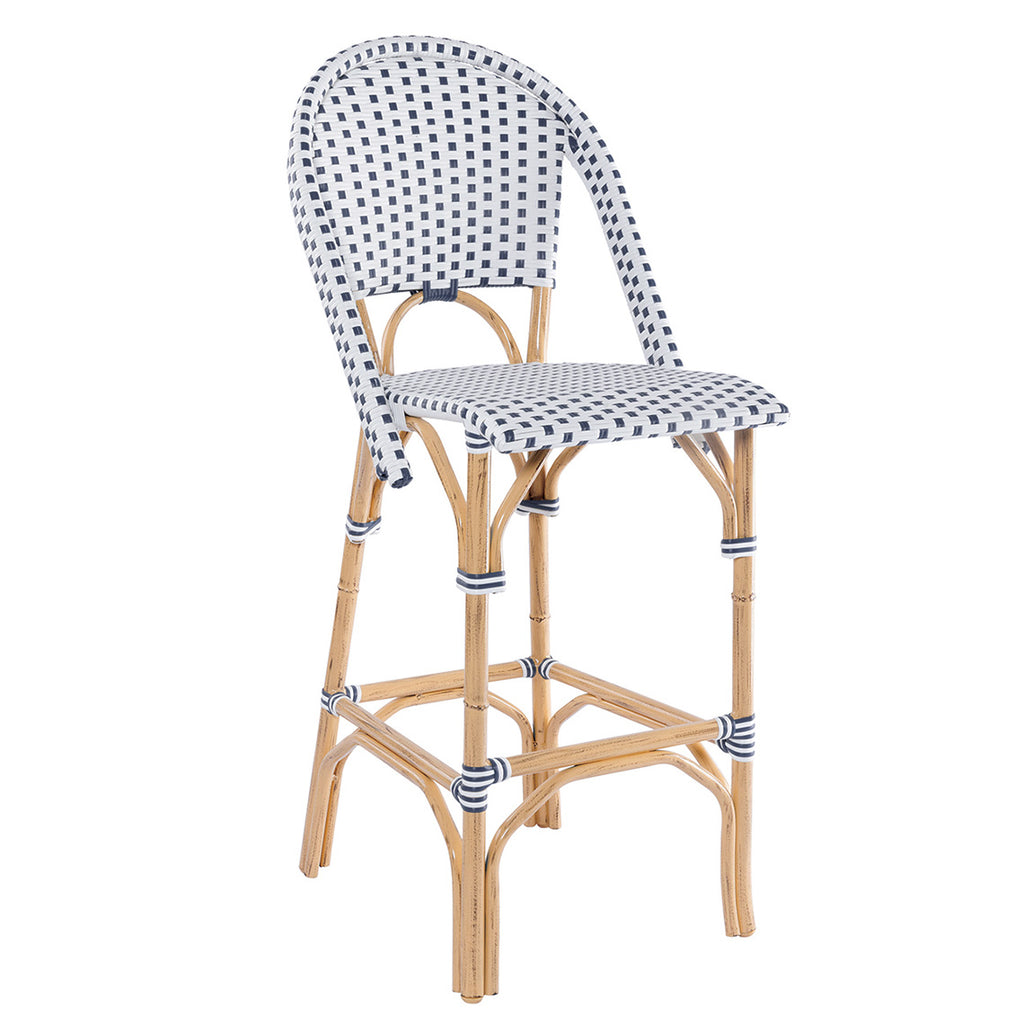 Cafe Bar Stool in Rattan with White and Navy Wicker - THE WELL APPOINTED HOUSE