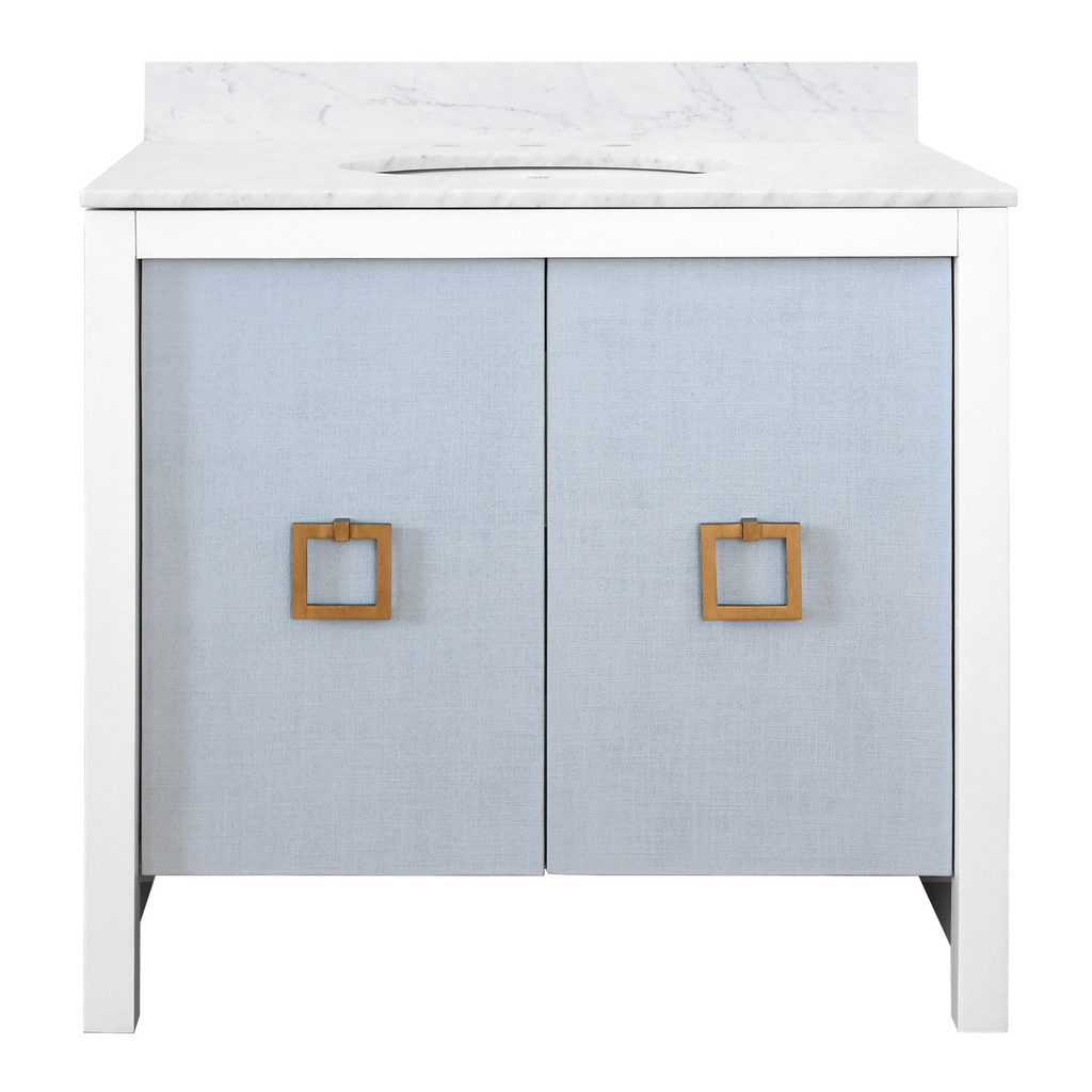 April White Bathroom Vanity With Marble Top & Blue Linen Doors - The Well Appointed House