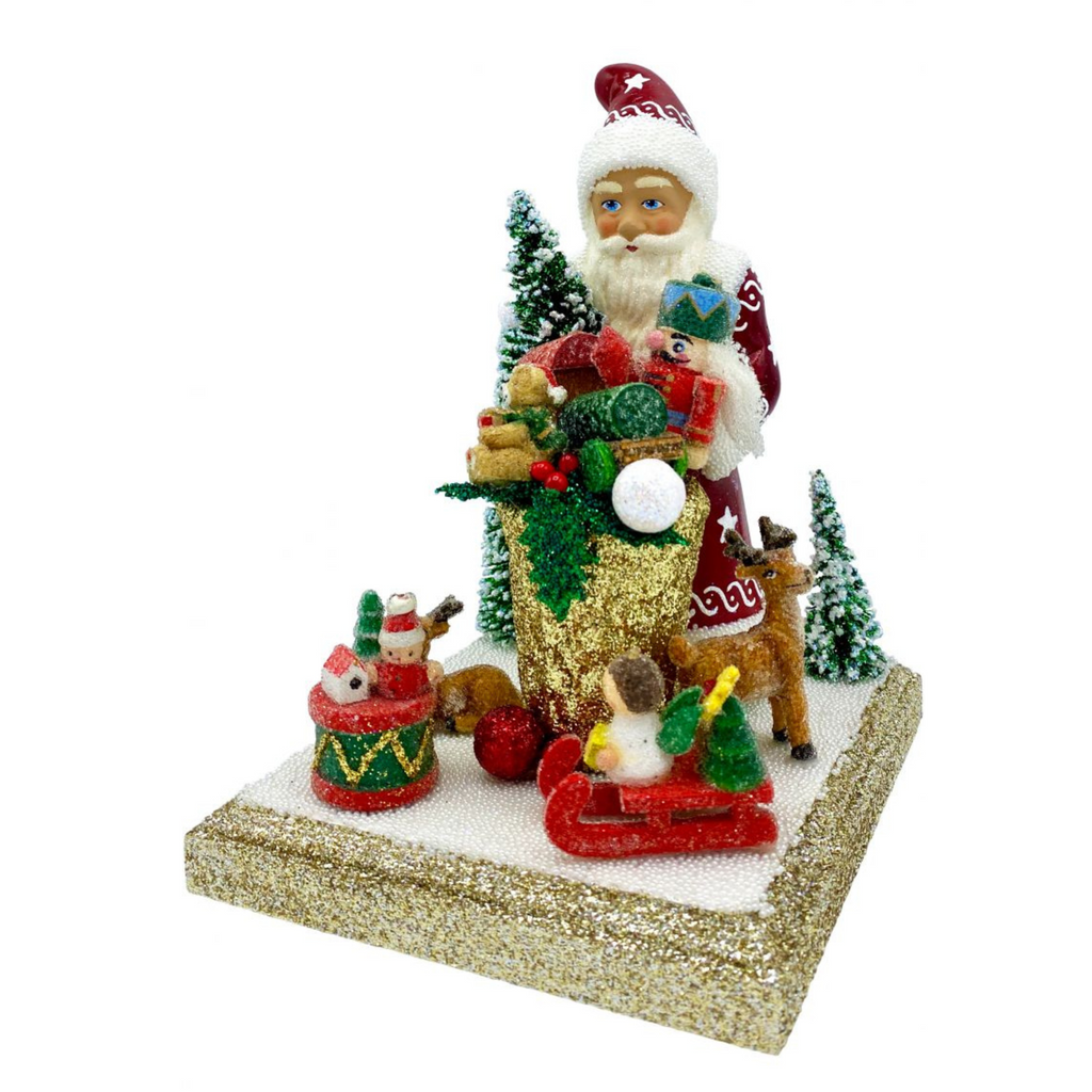 Ino Schaller Paper Mache Red Beaded Coat Santa with Tree & Toys Christmas Decoration - The Well Appointed House