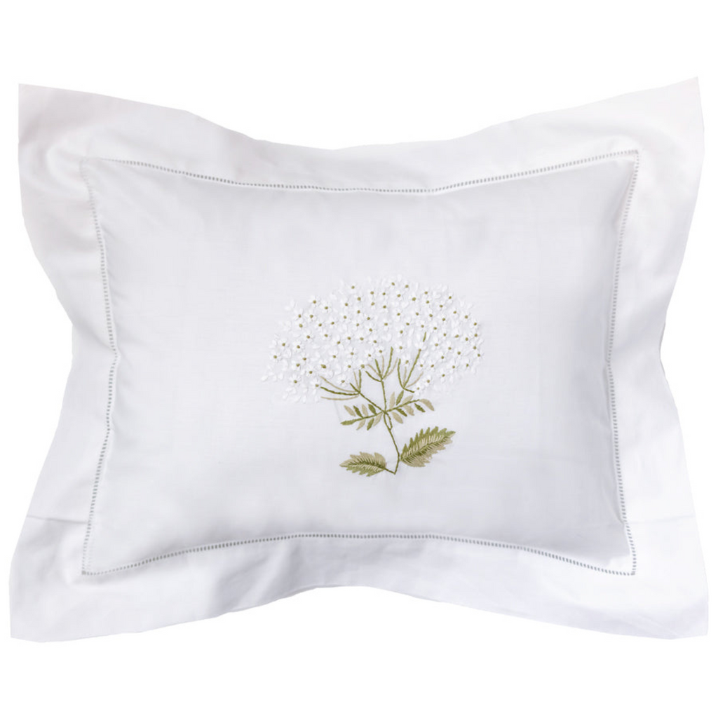 Boudoir Pillow Cover Embroidered with Hem Stitch Border in Hydrangea White - The Well Appointed House