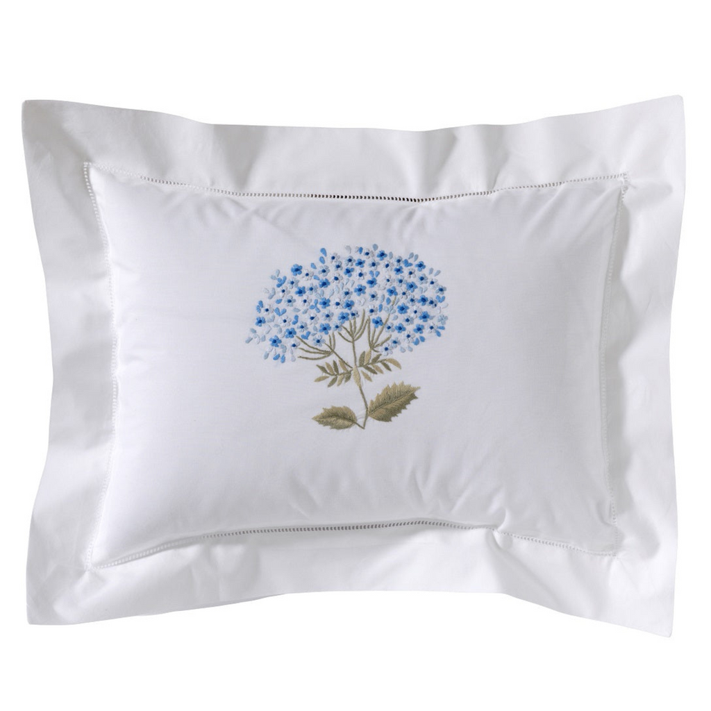 Boudoir Pillow Cover Embroidered with Hem Stitch Border in Hydrangea Blue/Sage - The Well Appointed House