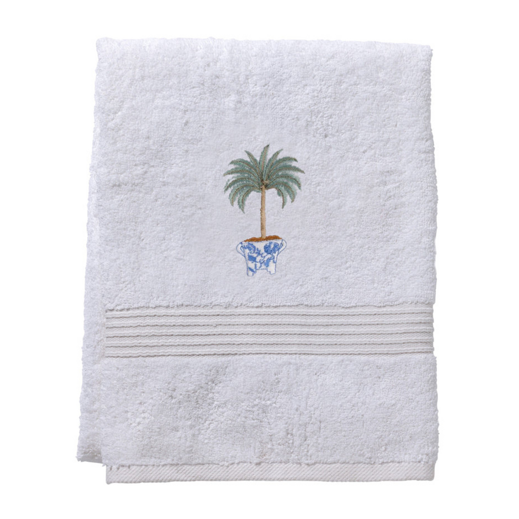 White Cotton Terry Tropical Palm Tree Bath Towel in Olive - The Well Appointed House